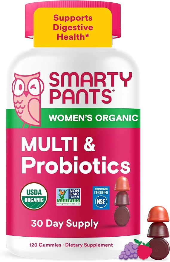 SmartyPants Organic Women's Multivitamin Gummies: Biotin, Probiotics, Methylfolate, Omega 3 (ALA), Vitamin D3, C, Vitamin B12, B6, A, K & Zinc, Inositol, Gluten Free, 120 Count (30 Day Supply)