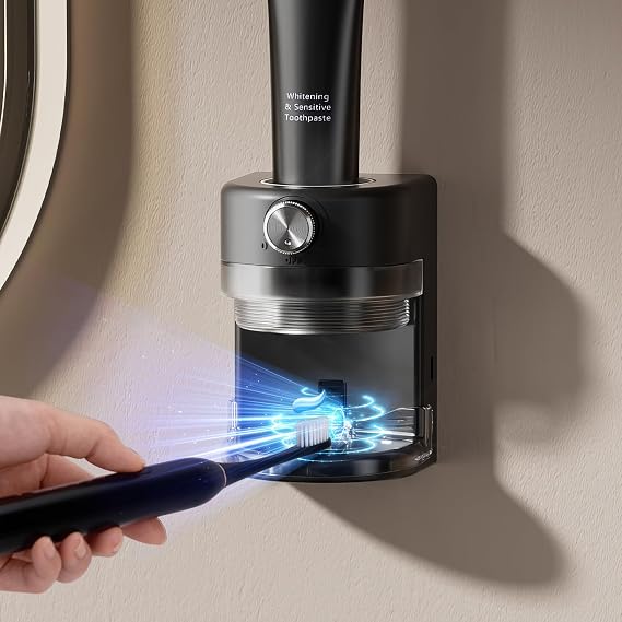 Toothpaste Squeezer, Bathroom wall Mounted Electric Toothpaste Dispenser with Adjustable Toothpaste Dispensing Amount, Automatic Toothpaste Dispenser for Adults and Kids (Black)