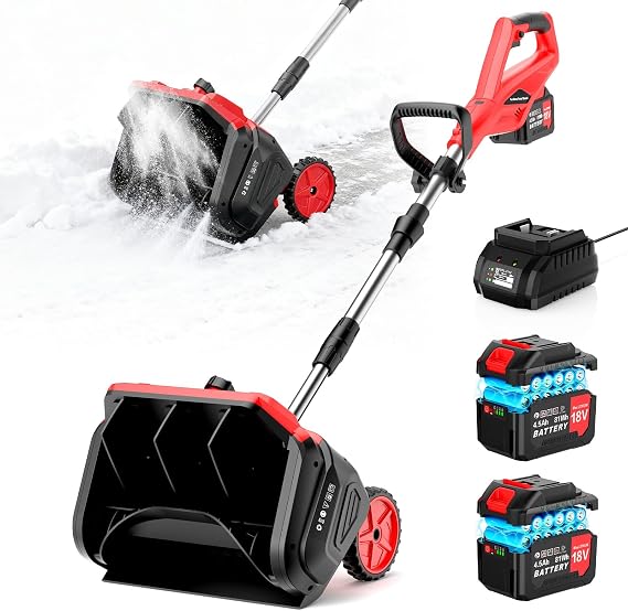 9000mAh Cordless Snow Spatula, 17" Brushless Electric Snowblower Battery Powered 4.5 AH with Handle and Wheels, 25 Feet Snow Throw Distance/Adjustable Plate for Driveway, Steps(2 Battery)