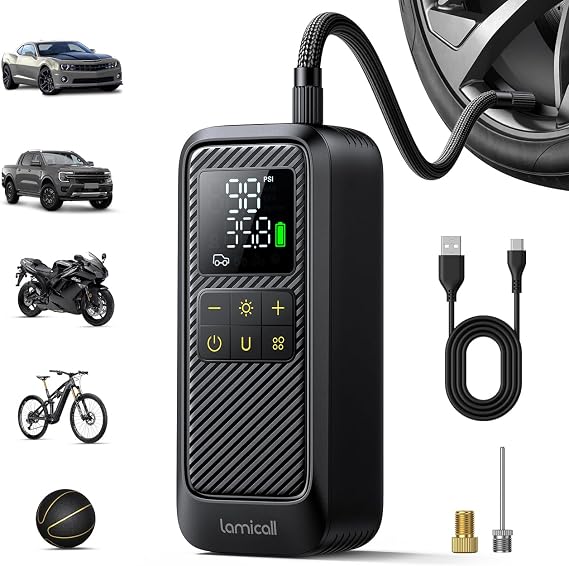Tire Inflator Portable Air Compressor - Lamicall [5X Faster][150 PSI] Rechargeable Car Air Pump, Digital Pressure Gauge, LED Light, Cordless Pump Valentine's Day Gifts for Car, Bike, Motorcycle, Ball