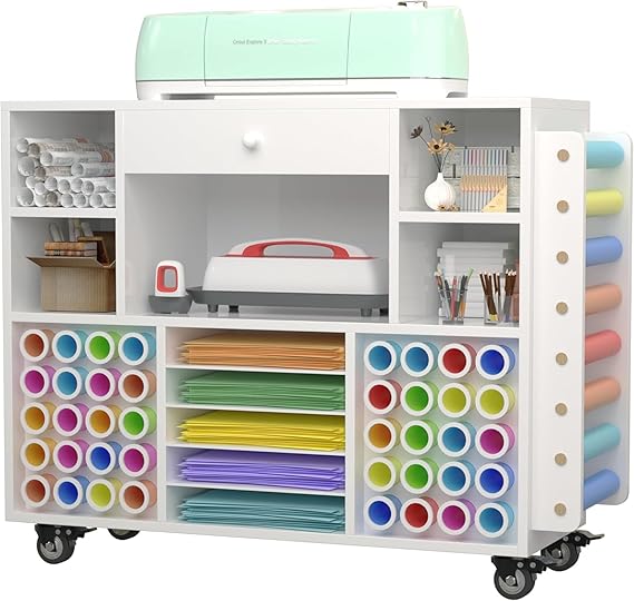 Craft organization and storage Cart Compatible with Cricut Machine, Rolling Craft Organizer with large drawer & 48 Vinyl Roll Holder, Crafting Cabinet Table Workstation for Craft Room Home