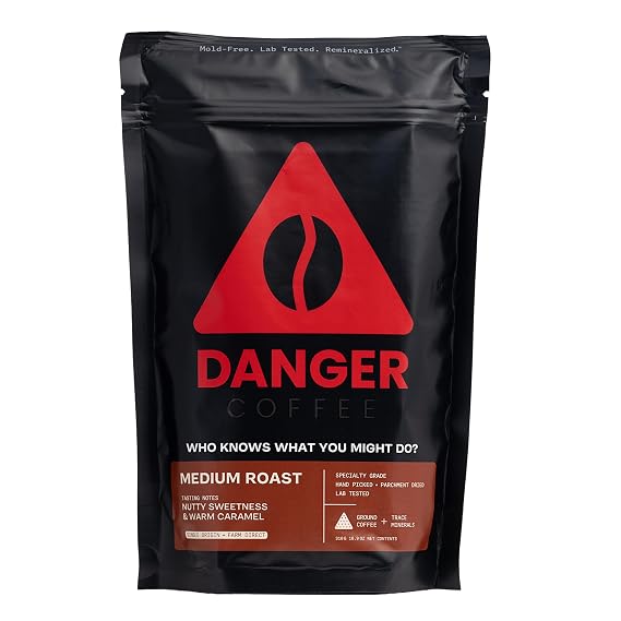 Danger Coffee Ground Healthy Coffee by Dave Asprey | Medium Roast | 10.9 oz | Remineralized with Humic and Fulvic Minerals, Mold Free & Lab Tested, Ground Healthy Coffee, 10.9 Ounce