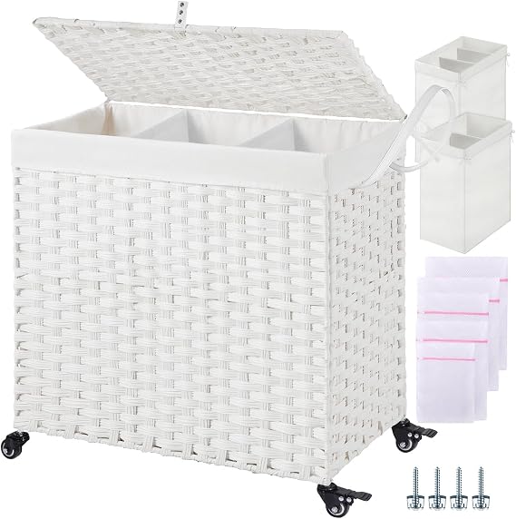 Greenstell Laundry Hamper with Wheels&Lid,130L Large 3 Sections Clothes Hamper with 2 Types Removable Liner Bags, 5 Mesh Laundry Bags, Handwoven Divided Laundry Basket White