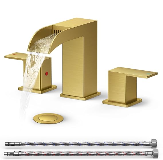 QFN Waterfall Bathroom Faucet 3 Hole 8" Widespread Brushed Gold 2 Handle | Bathroom Sink Faucet Lead-Free with Pop-up Drain and Supply Lines, Fits 4-12 Inch 3 Hole Install, for Vanity Laundry Restroom