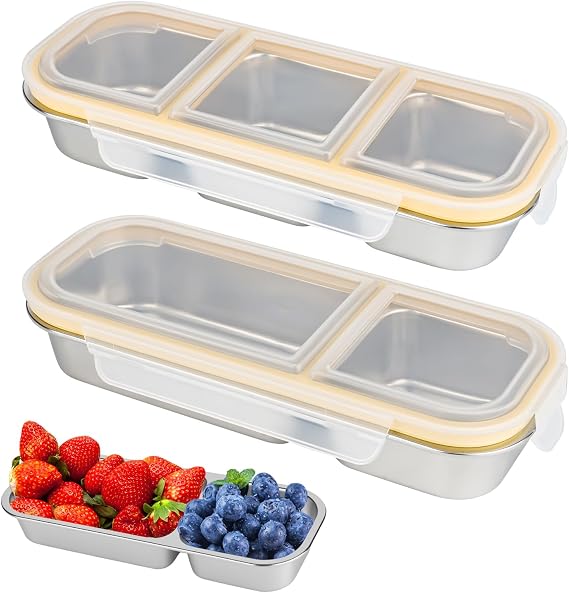 2Pcs Snack Box with Compartments 2 & 3 Compartments Stainless Steel Bento Box - Reusable Food Storage Containers for Adults with Airtight Lid Lunch Boxs for Daycare, School, Work, Travel ( 600ml)