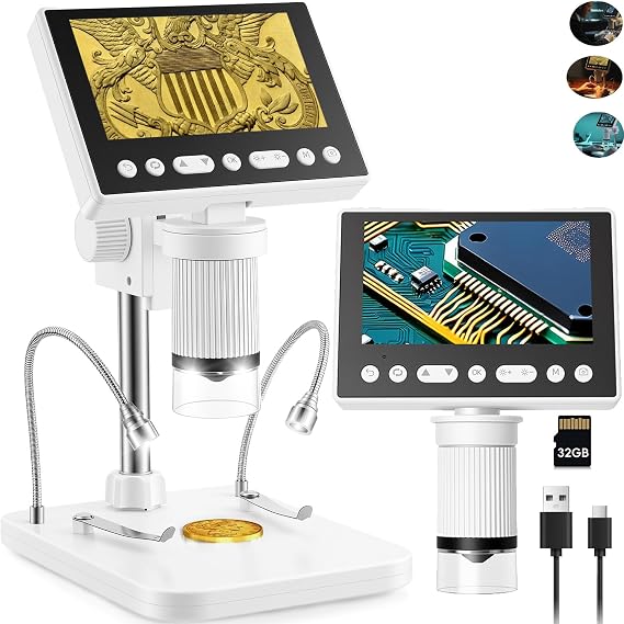 eSynic 1080P HD Digital Coin Microscope-4.5" LCD Screen with Adjustable 1000X Magnification-USB-C Rechargeable Coin Magnifier Microscope Camera with 32GB Card & 10 LED Lights-Windows/Mac Compatible