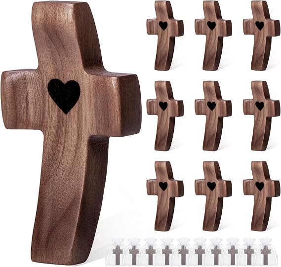 10-Pack Wooden Cross Fidget with Organza Bags, Handmade Pocket Walnut Cross