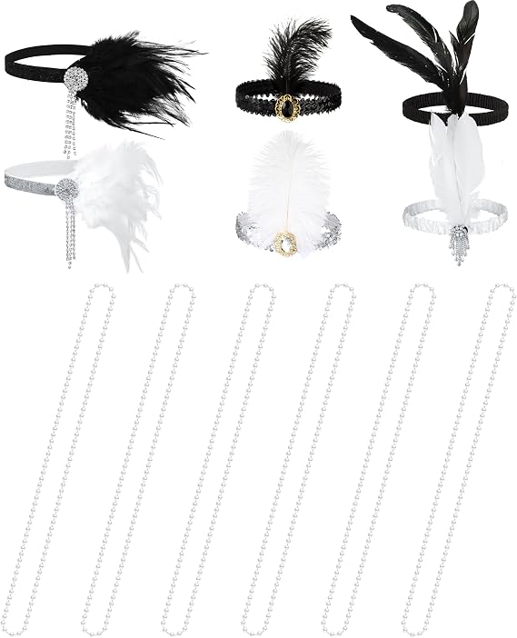 Seematn 18 Pcs Flapper Accessories Flapper Headband for Women, Black, White