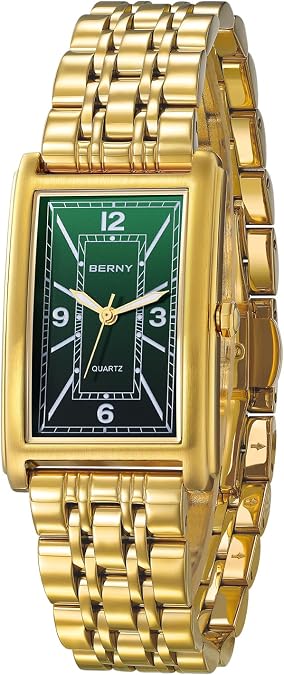 BERNY Rectangular Watch for Men Waterproof Men's Wristwatch Fashion Analog Quartz Wrist Watch Full Stainless Steel Male Dress Watch Arabic Numeral Markers Butterfly Clasp Luxury Birthday Present