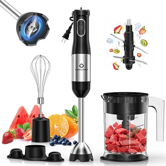 LINKChef 4 in 1 Immersion Blender Handheld, 800W with Titanium Steel Blades, 20 Speeds, Turbo Mode, Scratch-Resistant Stick Hand Blender with Whisk & Food Processor