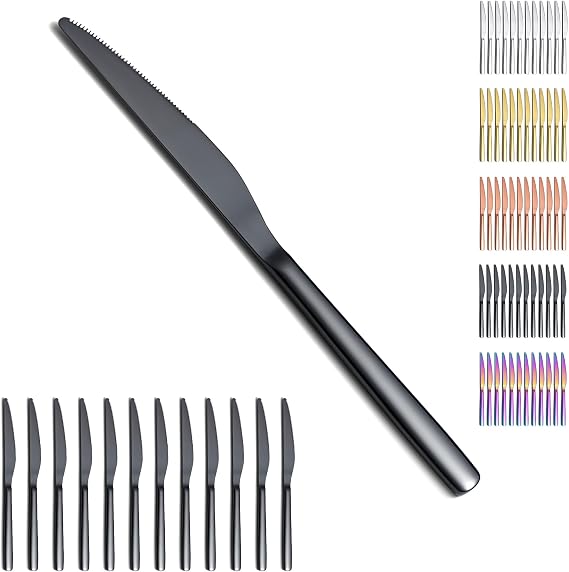 Evanda Black Dinner Knives Set 12 Pieces, Titanium Plating Stainless Steel Butter Knives Table Knives, Flatware Steak Knives Silverware Set, Cutlery Set, Dishwasher Safe