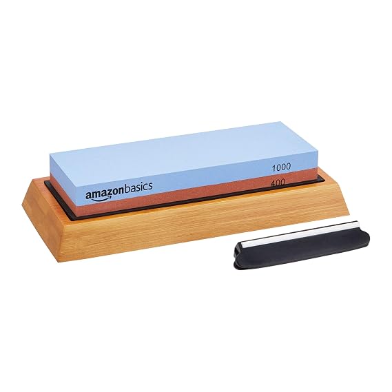Amazon Basics Double Sided Knife Sharpening Stone 400/1000 Grit with Non-Slip Bamboo Base, Blue and Red, 18 x 6 x 2.8 cm