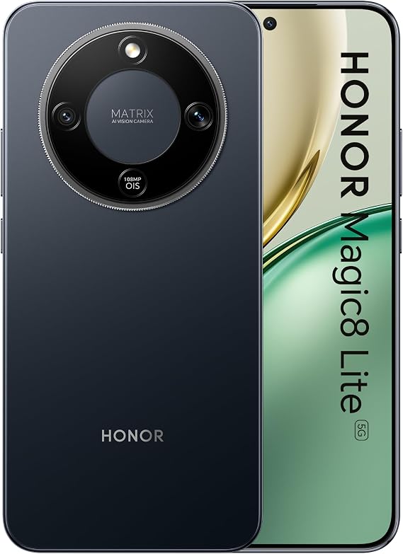 HONOR Magic8 Lite 5G Cep Telefonu, 7500 mAh Üç Gün Pil, HONOR Ultra Bounce Anti-Drop, 108MP AI Kamera, 8 GB RAM 512 GB, IP68, IP69 Su ve Toz Direnci, Çift SIM, Android 16, Siyah [Enerji Sınıfı B]