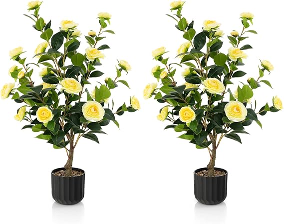 DREAMADE Artificial Camellia Tree Set of 2, 38 Tall Potted Plants Artificial Decoration w/Cement Pot, 24 Flowers, Decorative Bonsai, Faux Plant Greenery for Indoor Living Room Office Dining Room
