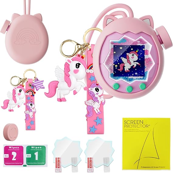 Protective Case for Tamagotchi Paradise, Silicone Case with Unicorn Keychain, Shockproof, Drop Protection, Scratch & Dust Resistant, Zoom Dial Cover,Screen Protector (2pcs) Cleaning Kit (Pink)