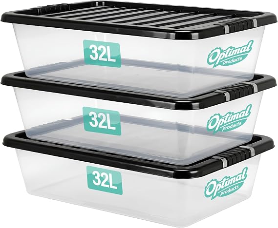 3 x 32L Underbed Plastic Storage Boxes with Lids Set of 3, Clear Multipurpose Nestable Stackable Storage Box 32L Clear Containers Boxes For Home, Kitchen, Office, Garage, Accessories Uses