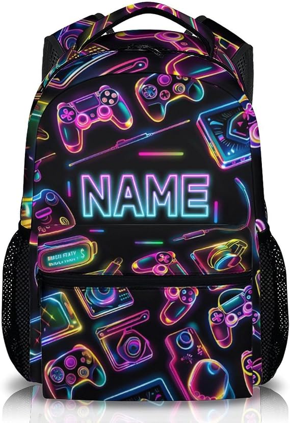 Personalised Gamer Backpack for Boys with Name – 17 Inch Gaming Rucksack with Neon Controller Design, Custom School Bag for Kids, Travel and Day Trips