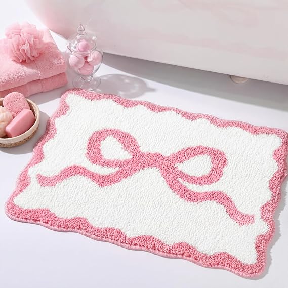 Tinideya Pink Bow Bathroom Rug 16" x 24" Scalloped Bow Bath Mat