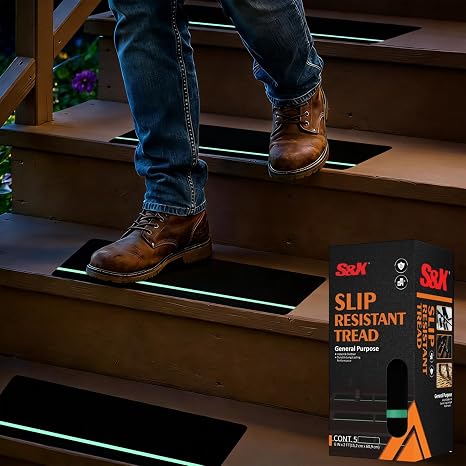 S&X Outdoor Stair Treads Non-Slip 6x24in, 5-Pack, Glow-in-Dark | Commercial Grade 60-grit pre-cut grip tape; heavy duty traction for decks, ramps, docks and wet walkways.