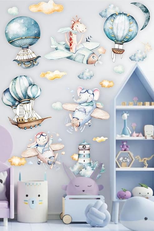 MSticker-Sevimli Uçan Balonlar Bulutlar Ve Hayvanlar Çocuk Bebek Odası Sticker Seti