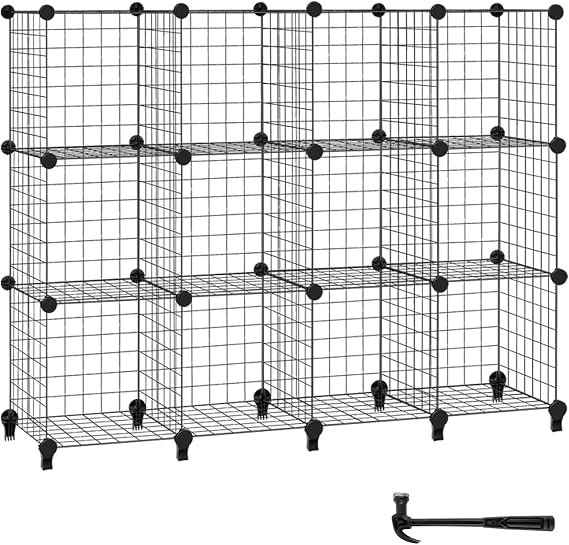 12-Cube Wire Grid Storage Rack, Cube Wire Grid Stackable Storage Shelves, Metal Wires Fence DIY Combination Display Stand Unit,Cube Interlocking Storage Rack,Shoe Cabinet Modular Mesh Panel Organizer