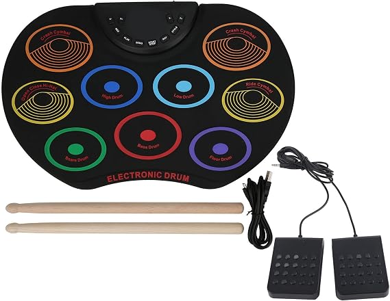 Electronic Drum Set, 9 Drum Roll Up Stereo Practice Pad Drum Kit for Kids Adult Beginner Percussion Instrument (Colored)