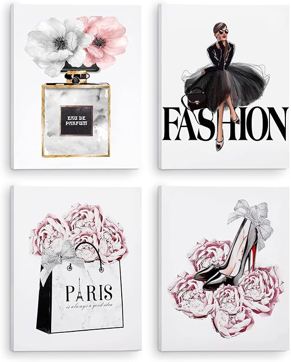 CoziTech Fashion Women Canvas Wall Art Framed, Modern Artwork for Girls Bedroom Wall Decor Pink Flowers Perfume Art Print Handbag High Heel Wall Picture, Gift for woman, Gift for Girls. Set of 4.