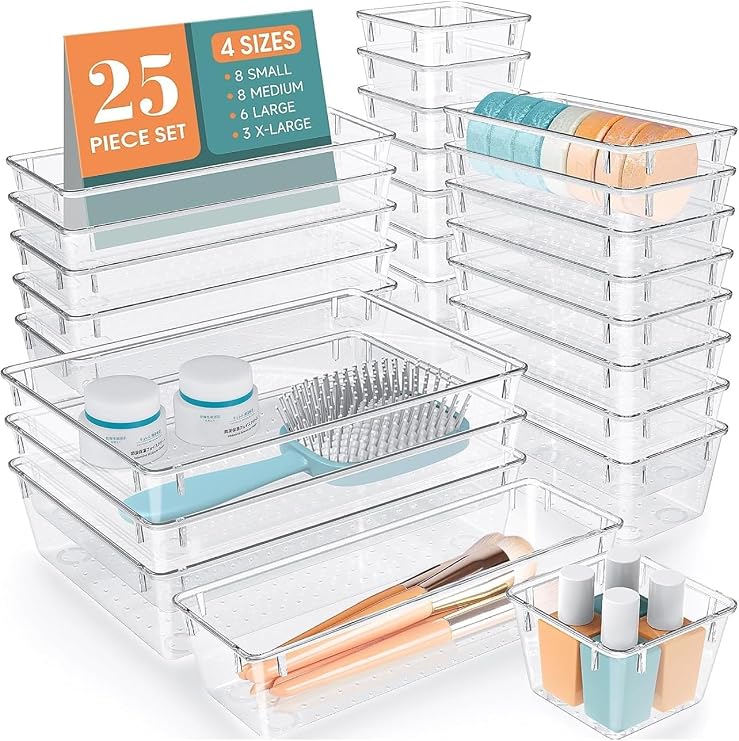 Clear Drawer Organiser Trays Set, Plastic Storage Containers, 25 Pack Drawer Organiser, 4-Size Makeup Organizer Trays for Vanity, Bathroom, Desk, Office, Bedroom