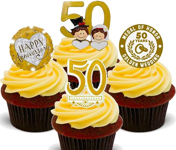 Golden Wedding 50th Anniversary Edible Cupcake Toppers - Gold Stand-up Wafer Cake Decorations (Pack of 24)