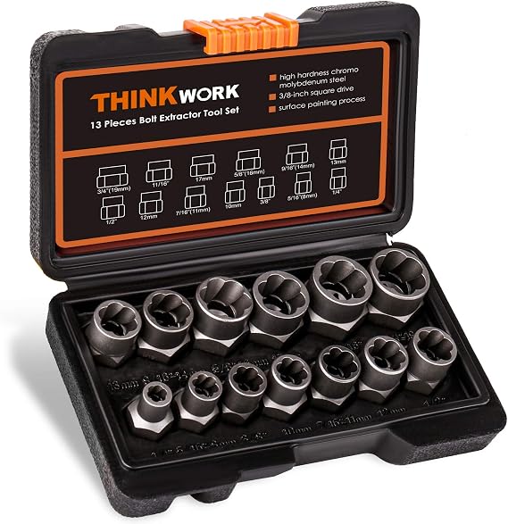 THINKWORK Impact Bolt & Nut Remover Set, 13 + 1 Piece Bolt Extractor Tool Set, Strip Lug Nut Remover, Extraction Socket Set for Removing Damaged, Frozen, Rusted, Rounded Bolts, Nuts & Screws