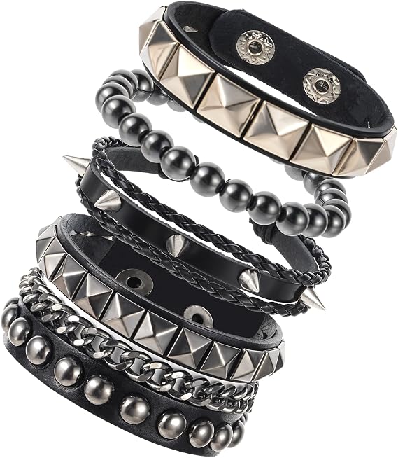 Leather Rock Studded Punk Bracelet Set - 4 Pcs Spiked Cuff Wristbands for Men and Women - Adjustable 80s Emo Grunge Accessories