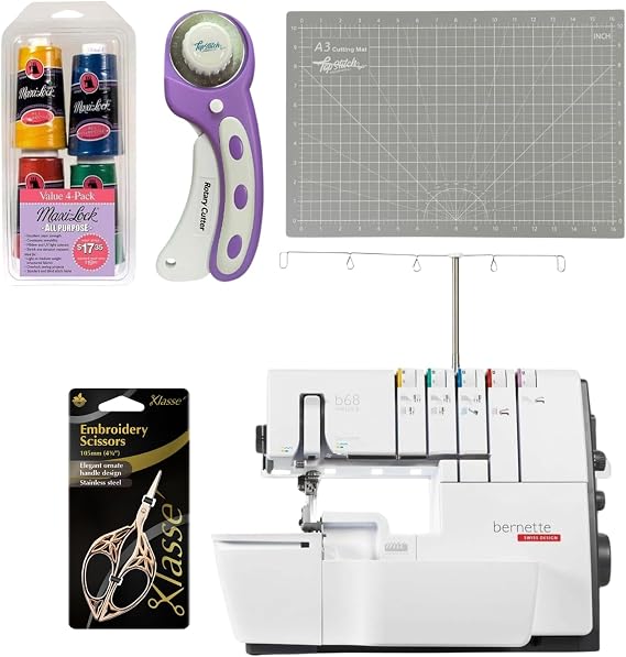 Bernette B68 Airlock Serger Sewing Machine | Adjustable Stitch Length, 1300SPM, LED Light, 5 Thread Options, Presser Foot Adjustment | Scissors, Rotary Cutter, Threads Bundle, Cutting Mat