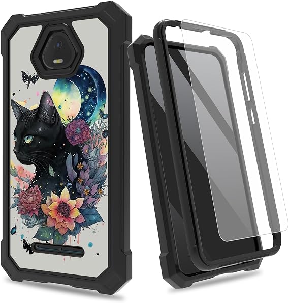for Schok Volt SV55 Case w/Tempered Glass Screen Protector, 2 Layers Rugged Shockproof PC Frame + Soft Silicone Bumper Phone Case for Celero 5G Plus, Black Cat Moon Butterfly