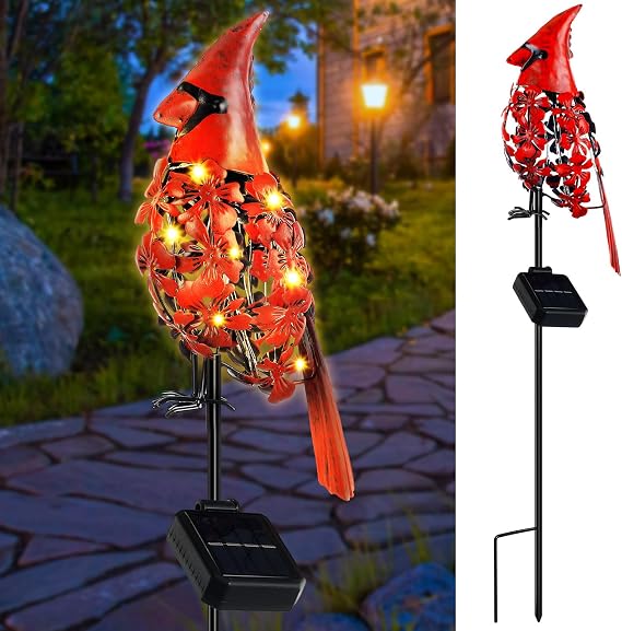 VIHOSE 1 Pcs Cardinal Solar Light Metal Outdoor Red Bird Garden Stake