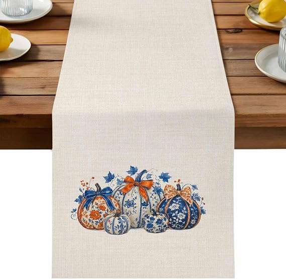 Fall Pumpkins Table Runner for Dining Table, Rustic Chinoiserie Leaf Floral Blue Beige Table Runners for Wedding Party Buffet Kitchen Home Decor 13x36in