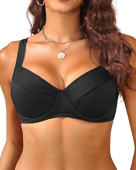 Women's Underwire Push Up Bikini Top - Ribbed Swim Bra 2025 Large Bust Bathing Suit Tops