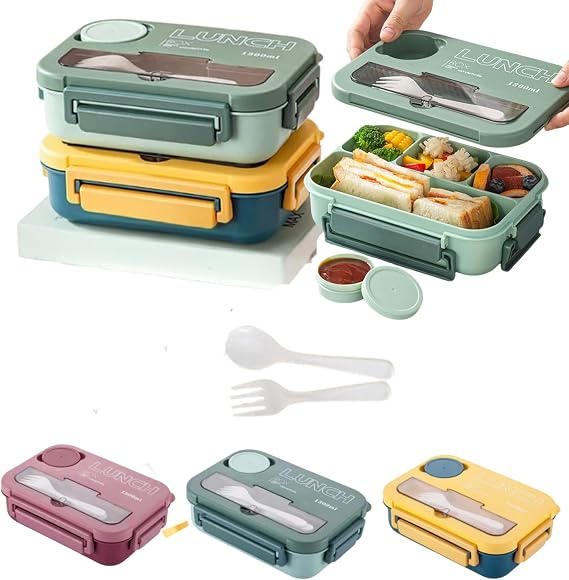 Lunch Box 1300ML, Leakproof Bento Lunch Box with 4 Compartments, BPA Free Lunch Box Adults, Sandwich Box, Meal prep containers for, Office, Work, Picnic & Travel ((Yellow)+(Green) 2pcs)
