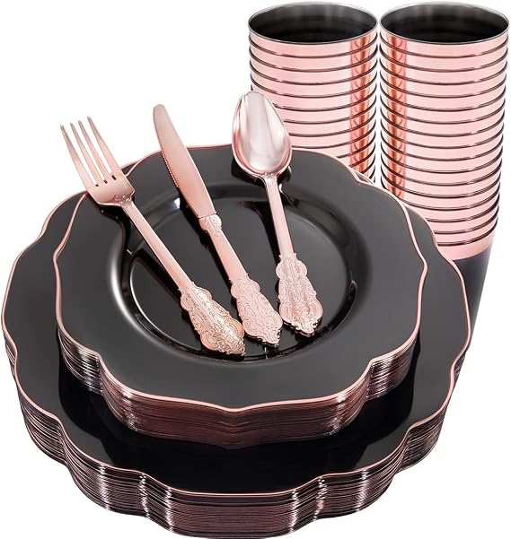 BUCLA 30Guests Clear Black Plastic Plates With Rose Gold Silverware & Cups - Rose Gold Rim Plastic Dinnerware Ideal for Party & Wedding
