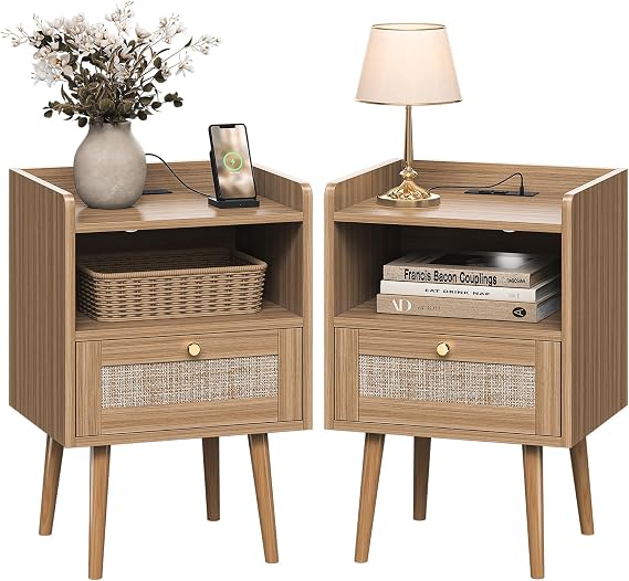 Rattan Nightstand Set of 2 with Charging Station, Modern Boho Bedside Table