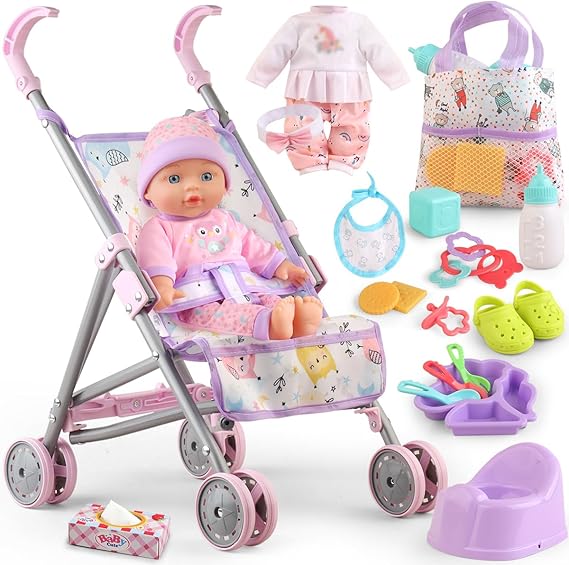 Baby Doll with Stroller Set for Realistic Pretend Play for 3 4 5 6 7 Year Old Toddler Girls Gifts. Baby Stroller Toys includes 12.5-inch Baby Dolls, 2 sets Doll Clothes and 17 PCS Doll Accessories