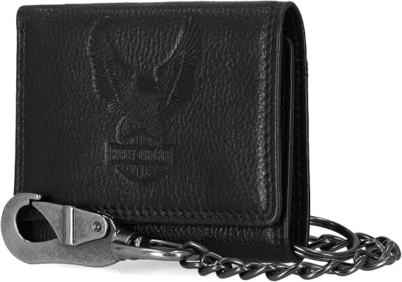 Harley-Davidson Men's Embossed Eagle Tri-Fold Snap Chain RFID Wallet, Black