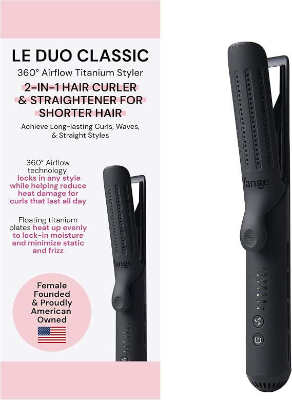 LAnge Hair Le Duo Standard 360 Airflow Styler | Curl & Straighten with One Tool | 3.5" Snag-Free Titanium Plates | Cooling Air Vents to Set Curls | Adjustable Temp & Auto Shut-Off | Black