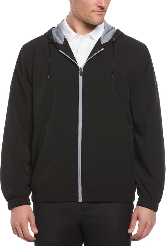 Perry Ellis Men's Long Sleeve Full Zip Golf Jacket With Hood, Stretch, Water-repellent, Sun Protection, Front Pockets