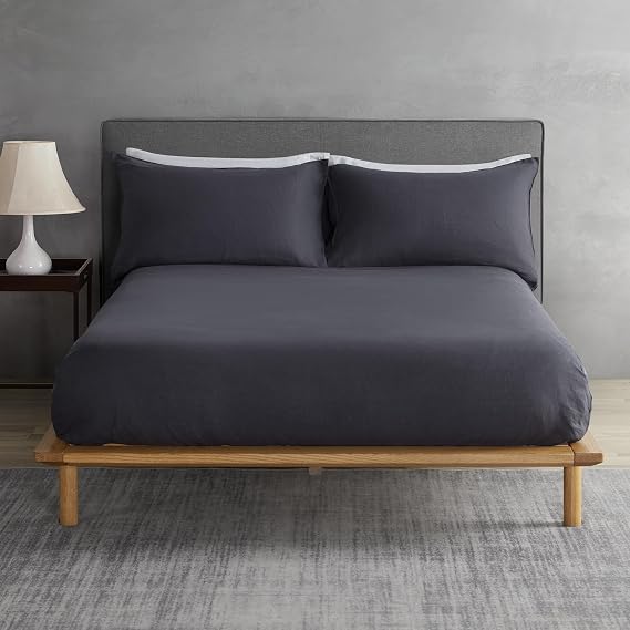 DAPU 100% French Linen Fitted Sheet Mattress Cover (1 Piece) with 16 Inch Deep Pocket, Pure Natural French Flax from Normandy, Ultra Soft, Breathable and Durable (Dark Gray, Twin).