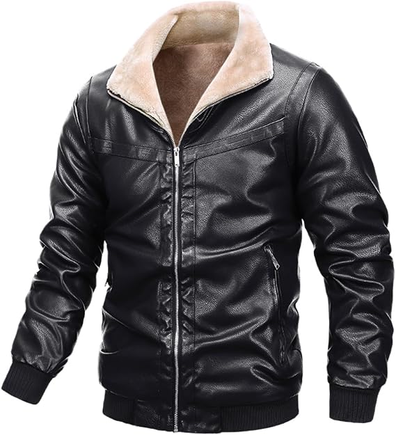 JEShifangjiusu Men's Faux Leather Aviator Bomber Jacket Autumn Vintage Winter Fleece Lined Coat with Sherpa Collar