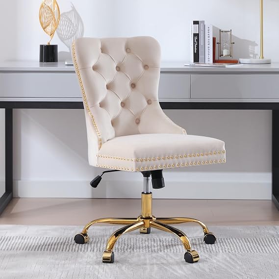 ABET Velvet Swivel Desk Vanity Chair, Gold Armless Tufted High Back, Beige | Comfy Upholstered Ergonomic Chair, Swivel Height Adjustable, Wheels for Mobility, for Home Office Study, Makeup, Manicure