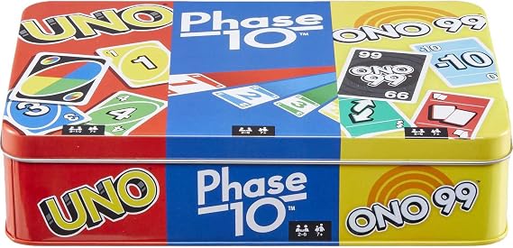 Mattel Games Set of 3 Card Games with UNO, Phase 10 & ONO 99, Travel Fun for Kids & Family Night with Storage Tin Box