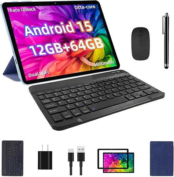TUOHAITIME Android 15 Tablet, 10inch Tablet Bundle with Keyboard Case, Blue