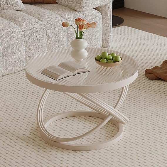 Glass Coffee Tables for Living Room Circle Center Table Minimalist Display Coffe Table Accent Furniture for Living Room Indoor(All White,19.68x19.68x17.72in)