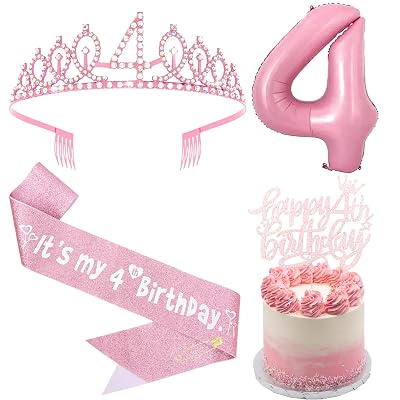 4th Birthday Decorations Girl 4th Birthday Sash and Toddler Crown, Cake Topper and Number Balloon, 4 Year Old Party Decorations Supplies